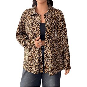 MakeMechic Women's Plus Leopard Brint Brine Button Down Blouse Coat Long Sleeve Collared Outerwear