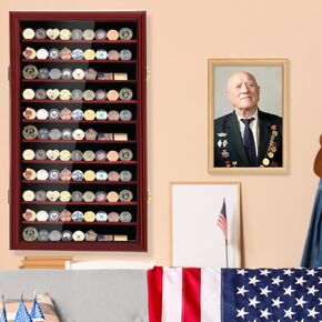 Military Challenge Coin Display Case Wood Medal Wall Mount Lockable Cabinet Rack Holder Shadow Box for Casino Poker Chips Souvenirs(Red,29.84" X 15.75")