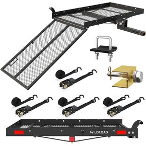 WILDROAD Hitch Cargo Carrier with Ramp 50" x 29" x 4" 500 LBS Folding Trailer Hitch Cargo Carrier Fits 2" Receiver with Hitch Stabilizer and 4pcs Ratchet Straps