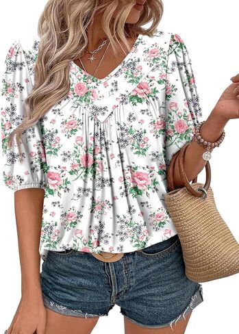 Magritta Womens Puff Half Sleeve Summer Tunic Tops Casual Chest Pleated Shirts Work Blouse for Women Dressy in Kuwait