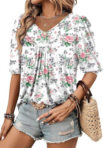 Magritta Womens Puff Half Sleeve Summer Tunic Tops Casual Chest Pleated Shirts Work Blouse for Women Dressy in Kuwait