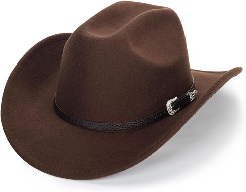 Western Felt Cowboy Cowgirl Hat - Wide Brim Panama Jazz Fedora Hat with Floral Engraved Buckle Belt Decoration 22.4" to 22.8" Black in Kuwait
