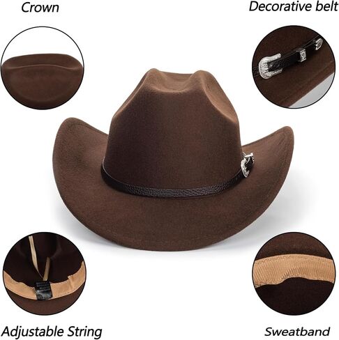 Western Felt Cowboy Cowgirl Hat - Wide Brim Panama Jazz Fedora Hat with Floral Engraved Buckle Belt Decoration 22.4" to 22.8" Black in Kuwait