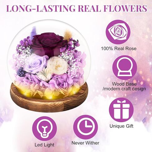 Preserved Real Rose Forever Flowers with Heart I Love You Necklace Unique Gifts for Her Mom Grandma Wife Girlfriend Birthday Valentines Christmas Thanksgiving Mother’s Day (Purple) in Saudi Arabia