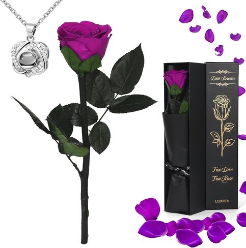 Preserved Real Rose Forever Flowers with Heart I Love You Necklace Unique Gifts for Her Mom Grandma Wife Girlfriend Birthday Valentines Christmas Thanksgiving Mother’s Day (Purple) in Saudi Arabia