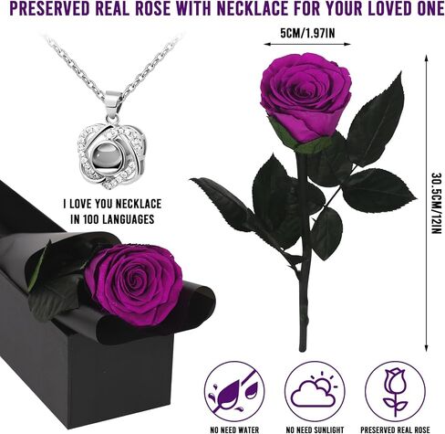 Preserved Real Rose Forever Flowers with Heart I Love You Necklace Unique Gifts for Her Mom Grandma Wife Girlfriend Birthday Valentines Christmas Thanksgiving Mother’s Day (Purple) in Saudi Arabia