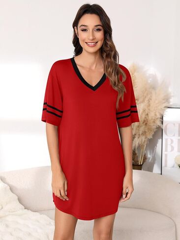Missufe Women's V Neck Short Sleeve Nightgown Pajama Dress Sleepwear Sleepshirt Loungewear Color Block Nightshirts in Saudi Arabia