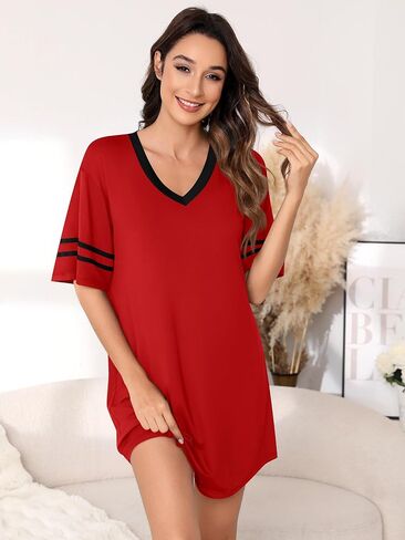 Missufe Women's V Neck Short Sleeve Nightgown Pajama Dress Sleepwear Sleepshirt Loungewear Color Block Nightshirts in Saudi Arabia