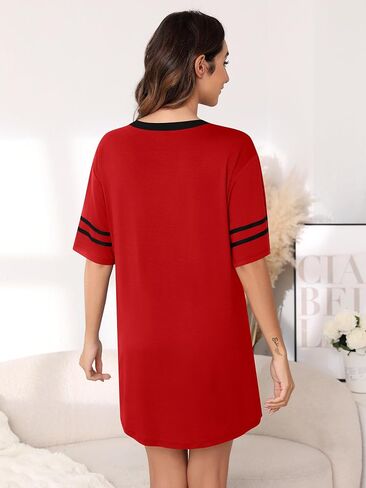 Missufe Women's V Neck Short Sleeve Nightgown Pajama Dress Sleepwear Sleepshirt Loungewear Color Block Nightshirts in Saudi Arabia
