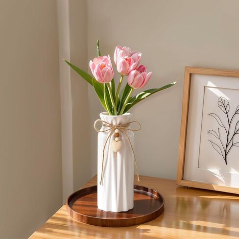 Elegant 8 Inch Ceramic Vase with Geometric Pattern, Decorative Vase with Jute Rope & Heart Charm for Home Décor, Table Centerpieces, and Gifts, Ideal for Living Room, Bedroom, and Office in Kuwait