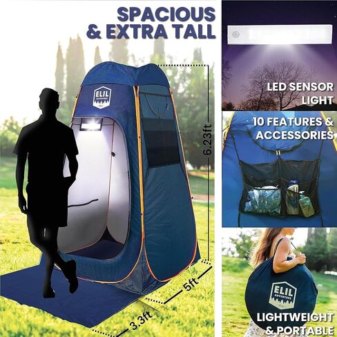 Camping Shower Tent with LED Sensor Light 6.23 ft Camp Shower Large Tent Easy Pop Up Privacy Tent Beach Changing Tent Pop Up Shower Tent Outdoor Shower Enclosure Portable Shower Tents for Camping in Kuwait