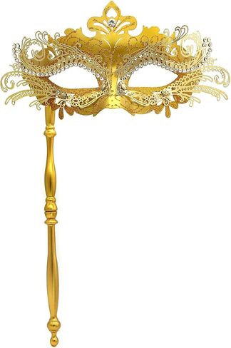 Venetian Masquerade Mask with Handle,Filigree Design with Rhinestones,Handheld Stick Mask for Mardi Gras in Saudi Arabia