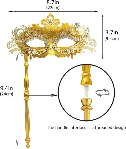 Venetian Masquerade Mask with Handle,Filigree Design with Rhinestones,Handheld Stick Mask for Mardi Gras in Saudi Arabia