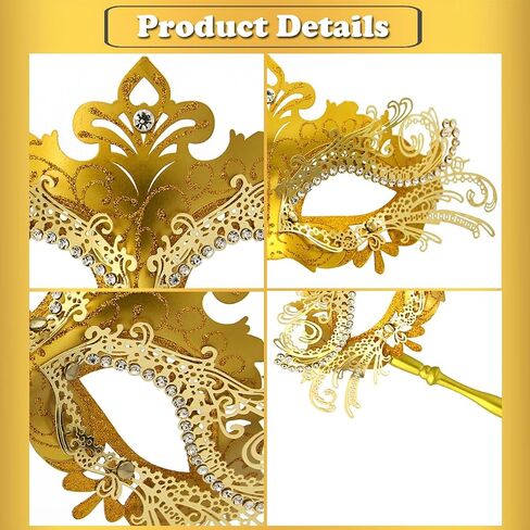 Venetian Masquerade Mask with Handle,Filigree Design with Rhinestones,Handheld Stick Mask for Mardi Gras in Saudi Arabia