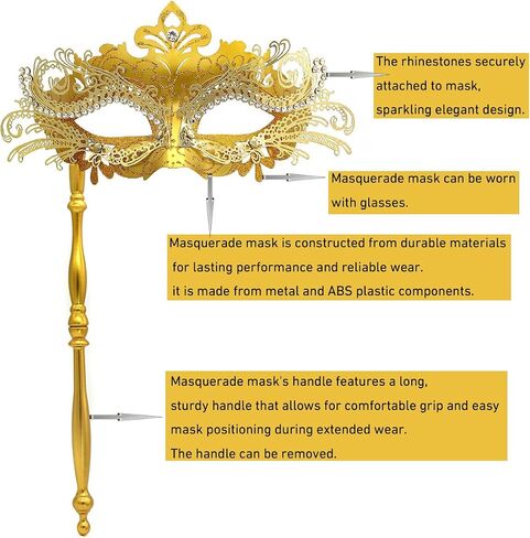 Venetian Masquerade Mask with Handle,Filigree Design with Rhinestones,Handheld Stick Mask for Mardi Gras in Saudi Arabia