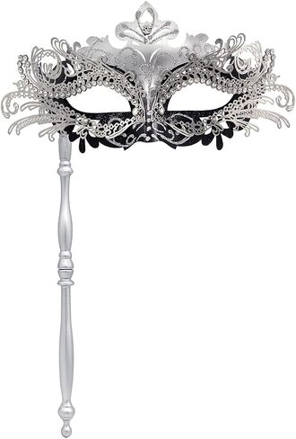 Venetian Masquerade Mask with Handle,Filigree Design with Rhinestones,Handheld Stick Mask for Mardi Gras in Saudi Arabia