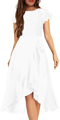 HOSIKA Girls Vintage Lace Chiffon Ruffle Sleeve A-Line Wedding Party Junior Bridesmaid Dress for Kids 6-12 Years in Saudi Arabia