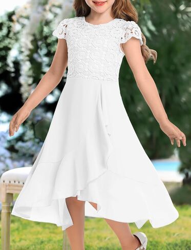 HOSIKA Girls Vintage Lace Chiffon Ruffle Sleeve A-Line Wedding Party Junior Bridesmaid Dress for Kids 6-12 Years in Saudi Arabia