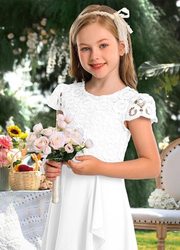 HOSIKA Girls Vintage Lace Chiffon Ruffle Sleeve A-Line Wedding Party Junior Bridesmaid Dress for Kids 6-12 Years in Saudi Arabia