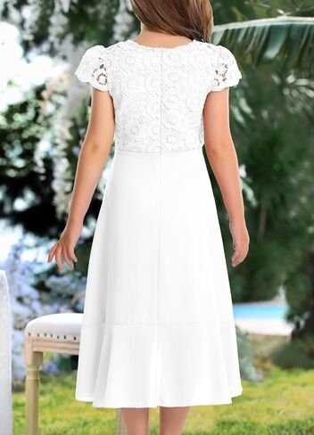HOSIKA Girls Vintage Lace Chiffon Ruffle Sleeve A-Line Wedding Party Junior Bridesmaid Dress for Kids 6-12 Years in Saudi Arabia