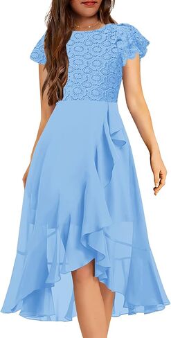 HOSIKA Girls Vintage Lace Chiffon Ruffle Sleeve A-Line Wedding Party Junior Bridesmaid Dress for Kids 6-12 Years in Saudi Arabia