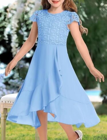 HOSIKA Girls Vintage Lace Chiffon Ruffle Sleeve A-Line Wedding Party Junior Bridesmaid Dress for Kids 6-12 Years in Saudi Arabia