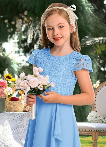 HOSIKA Girls Vintage Lace Chiffon Ruffle Sleeve A-Line Wedding Party Junior Bridesmaid Dress for Kids 6-12 Years in Saudi Arabia