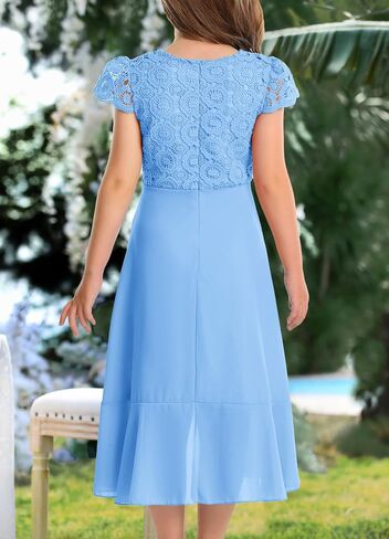 HOSIKA Girls Vintage Lace Chiffon Ruffle Sleeve A-Line Wedding Party Junior Bridesmaid Dress for Kids 6-12 Years in Saudi Arabia