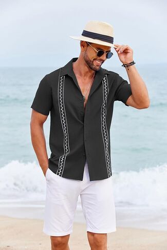 قمصان Guayabera الكوبية COOFANDY للرجال للرجال الأكمام القصير الزر غير الرسمي لأسفل قمصان الإجازة الصيفية in Saudi Arabia