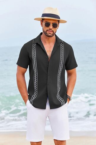قمصان Guayabera الكوبية COOFANDY للرجال للرجال الأكمام القصير الزر غير الرسمي لأسفل قمصان الإجازة الصيفية in Saudi Arabia