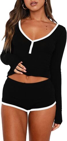 REVETRO Womens V Neck Pajama Sets Spring Long Sleeve Lounge Sets 2 Piece Crop Top PJ Shorts Y2k Pajamas in Saudi Arabia