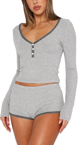 REVETRO Womens V Neck Pajama Sets Spring Long Sleeve Lounge Sets 2 Piece Crop Top PJ Shorts Y2k Pajamas in Saudi Arabia