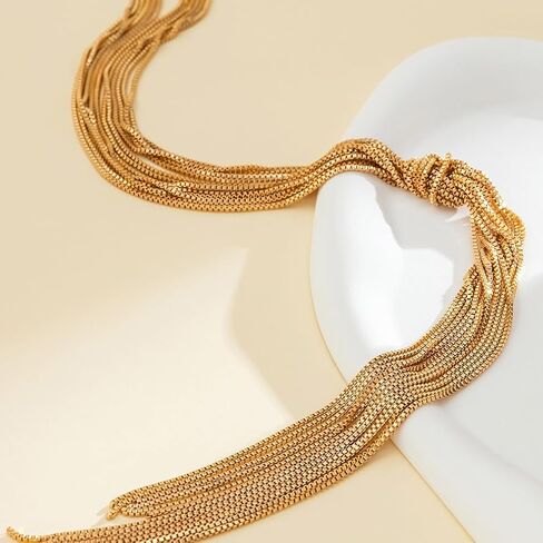 Chunky Long Gold Statement Y Necklace for Women Thick Vintage Round Ball Choker Multi Layered Knot Tassel Necklaces Trendy Hip Hop Exaggerated Jewelry in Saudi Arabia