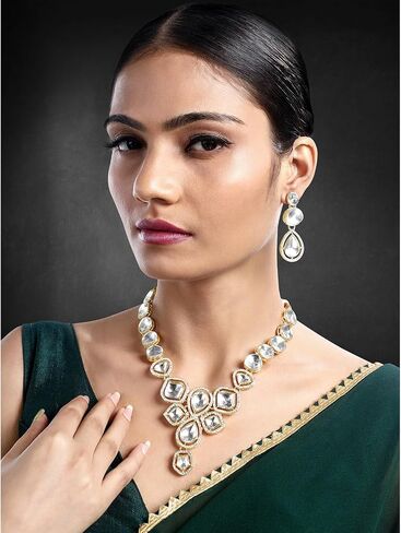 Aheli Synthetic Stone & CZ Studded Necklace Earrings & Maangtikka Set Ethnic Jewellery Gift for Women in Saudi Arabia