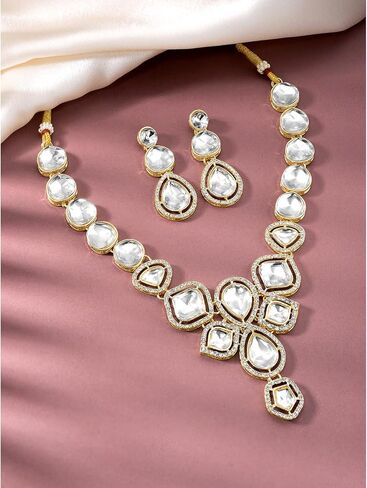 Aheli Synthetic Stone & CZ Studded Necklace Earrings & Maangtikka Set Ethnic Jewellery Gift for Women in Saudi Arabia