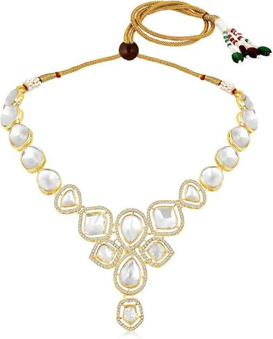 Aheli Synthetic Stone & CZ Studded Necklace Earrings & Maangtikka Set Ethnic Jewellery Gift for Women in Saudi Arabia