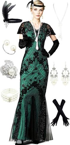 1920S Gatsby Floral Short Sleeve Sequin Mermaid Formal Evening Dress with 20s Headband Necklace Accessories Set in Kuwait