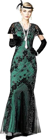 1920S Gatsby Floral Short Sleeve Sequin Mermaid Formal Evening Dress with 20s Headband Necklace Accessories Set in Kuwait