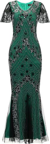 1920S Gatsby Floral Short Sleeve Sequin Mermaid Formal Evening Dress with 20s Headband Necklace Accessories Set in Kuwait