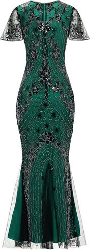 1920S Gatsby Floral Short Sleeve Sequin Mermaid Formal Evening Dress with 20s Headband Necklace Accessories Set in Kuwait