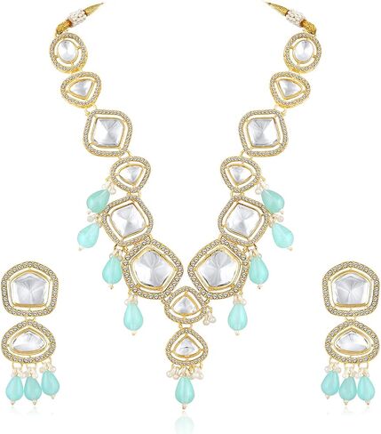 Aheli Synthetic Stone & CZ Studded Necklace Earrings & Maangtikka Set Ethnic Jewellery Gift for Women in Saudi Arabia