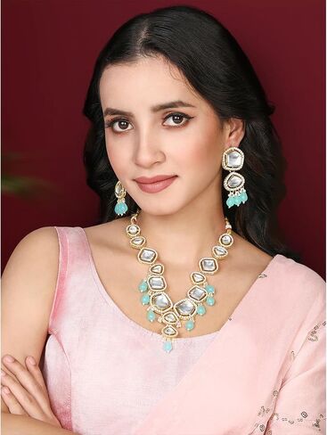 Aheli Synthetic Stone & CZ Studded Necklace Earrings & Maangtikka Set Ethnic Jewellery Gift for Women in Saudi Arabia