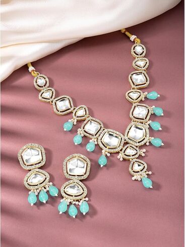 Aheli Synthetic Stone & CZ Studded Necklace Earrings & Maangtikka Set Ethnic Jewellery Gift for Women in Saudi Arabia