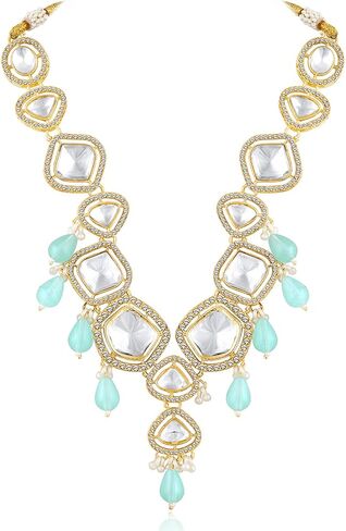 Aheli Synthetic Stone & CZ Studded Necklace Earrings & Maangtikka Set Ethnic Jewellery Gift for Women in Saudi Arabia