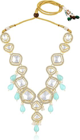 Aheli Synthetic Stone & CZ Studded Necklace Earrings & Maangtikka Set Ethnic Jewellery Gift for Women in Saudi Arabia