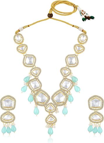 Aheli Synthetic Stone & CZ Studded Necklace Earrings & Maangtikka Set Ethnic Jewellery Gift for Women in Saudi Arabia