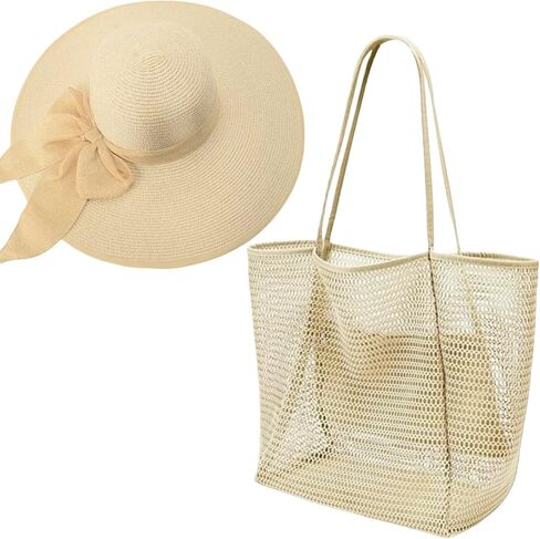 Beach Bags with Sun Hats, Straw Large Foldable Mesh Travel Bag Hat,Wide Brim Roll up Cap Tote Bag Set for Women in Saudi Arabia