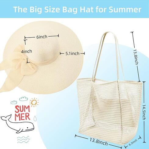 Beach Bags with Sun Hats, Straw Large Foldable Mesh Travel Bag Hat,Wide Brim Roll up Cap Tote Bag Set for Women in Saudi Arabia
