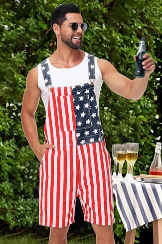 Aobute Men 4th of July Denim Bibs Sails Flag American Print Shorts bemsuit in Saudi Arabia