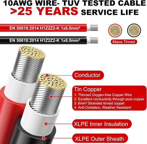 Oududianzi 2x100 Feet Solar Panel Wire, 10AWG Tinned Copper Solar Extension Cable for Photovoltaic Systems, Automotive RVs, Boats (100FT Red + 100FT Black) in Saudi Arabia